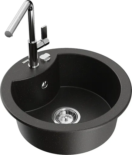 MEXEN/S Diego granitový dřez 1-miska včetně baterie Flora, černá/zlatá metalik 6512-75-670401-00