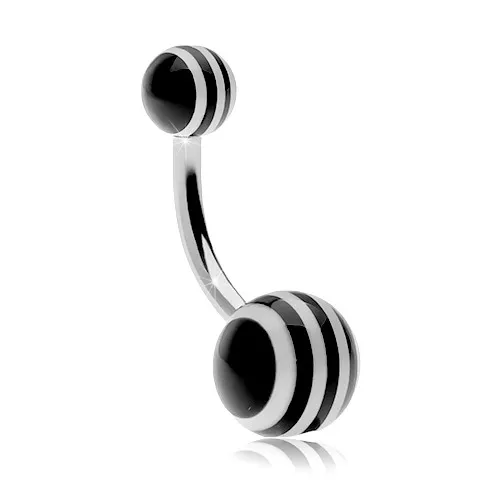 Piercing do bříška z oceli 316L, kuličky s černobílými proužky - Barva piercing: Černá