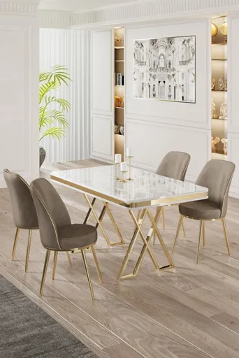 Dining Table & Chairs Set (5 Pieces) Vals - White, Gold, Cappuccino
