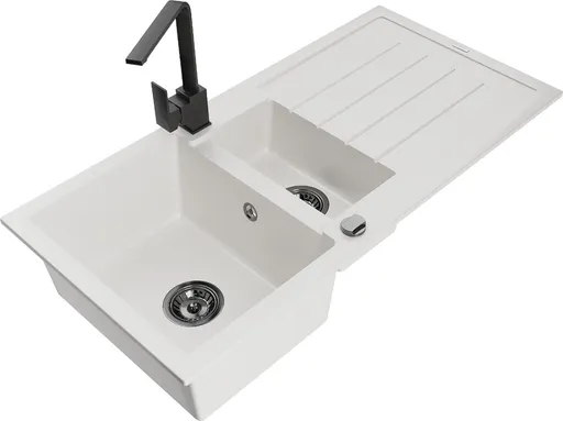 MEXEN/S Andres granitový dřez s odkapávačem včetně baterie Rita, bílá 6515-20-670300-70