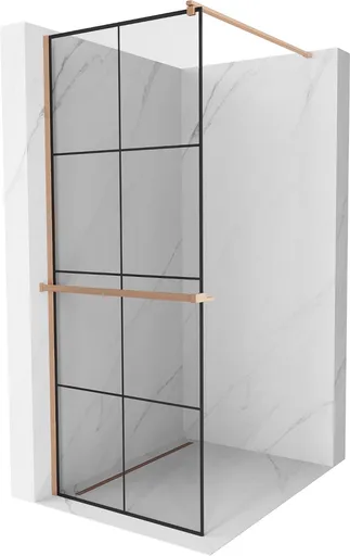 MEXEN/S Kioto+ Sprchová zástěna WALK-IN s poličkou a držákem ručníků 90 x 200, černý vzor, měď kartáčovaná 800-090-121-65-77