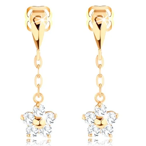 Visací náušnice ve žlutém 14K zlatě - slzička, čirý květ na řetízku