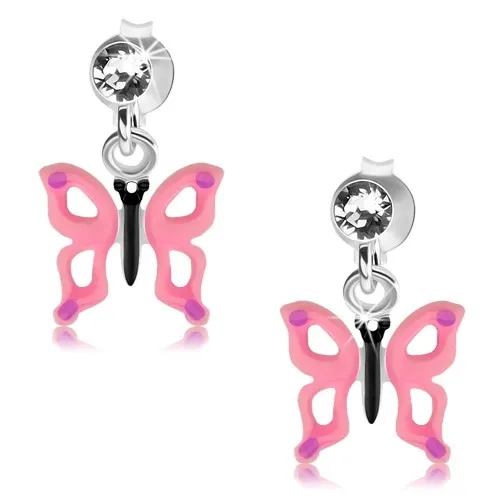 Stříbrné 925 náušnice, čirý krystalek, motýl s růžovými křídly a výřezy