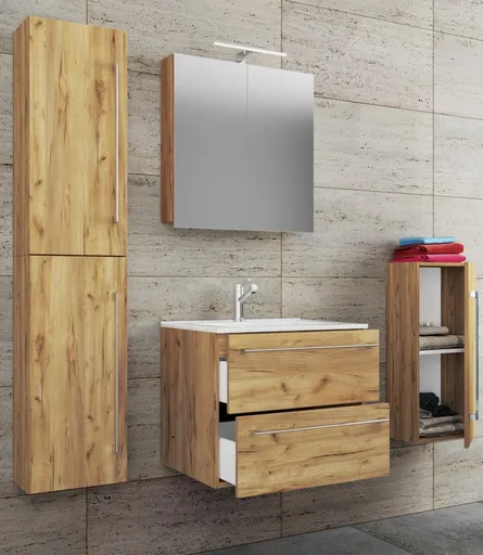 VCM 5dílná umyvadlová skříňka Badinos 2 zásuvky 60 cm se zrcadlem a střední/vysokou skříňkou, dub medový