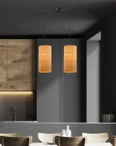 Závěsná lampa Fleri černá 2x60 e27 stínidlo 12x25 béžový ratan