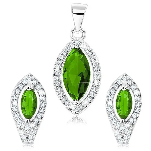 Sada ze stříbra 925, přívěsek a náušnice, zelené zirkonové zrnko, čirá kontura