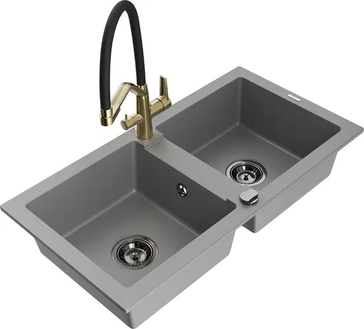 MEXEN/S Mario granitový dřez 2-bowly včetně baterie Duo, šedá 6504-71-671701-57-B