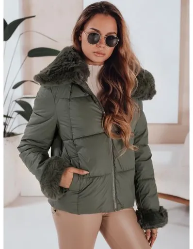 Dámská prošívaná krátká bunda s kožešinou, zelená