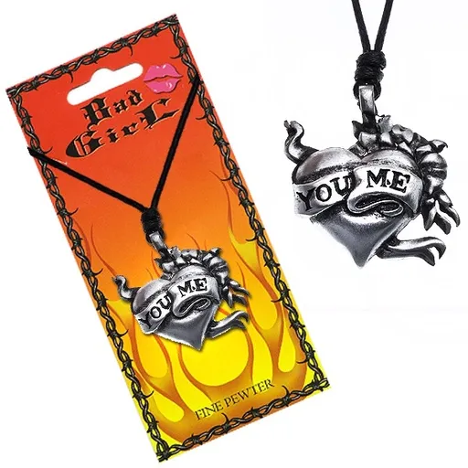 Náhrdelník s přívěskem srdce, květiny a stuha "YOU ME"