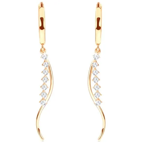 Náušnice v 14K zlatě - lesklý kroužek, hladká vlnka a pásek z čirých zirkonů