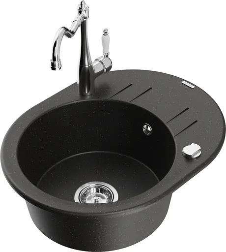 MEXEN/S Kevin granitový dřez 1-miska s odkapávačem včetně baterie Carla, černá/zlatá metalik 6517-75-670700-00