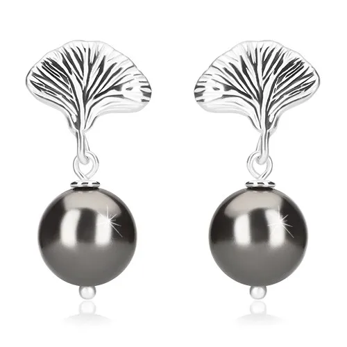 Stříbrné náušnice 925 - kuličky hematitové barvy, mušle, puzetky