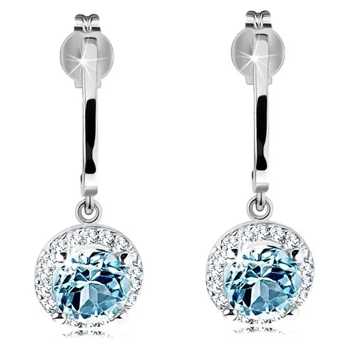 Zlaté náušnice 585 - lesklý oblouk, kulatý světle modrý topas s čirým lemem