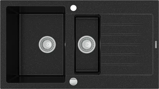 MEXEN Matias žula dřez 1,5-mísa dřez s vypouštěním krátký odkapávač 900x505 mm, černá / stříbrná metalíza 6502901505-73