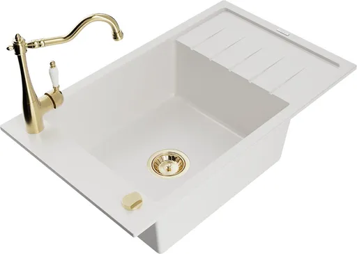 MEXEN/S Elias granitový dřez 1-miska včetně baterie Carla, bílá 6511-20-670700-50