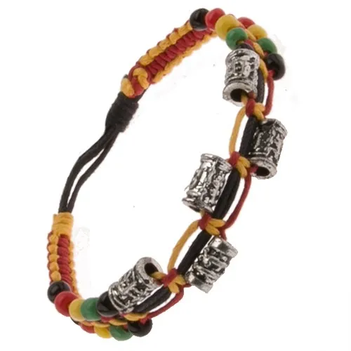 Barevný náramek ze šňůrek, ozdobné kovové válečky a korálky