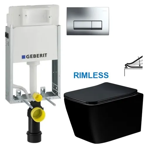 GEBERIT KOMBIFIXBasic vč. chromového tlačítka DELTA 51 + WC MEXEN TEO ČERNÁ Rimless + SEDÁTKO 110.100.00.1 51CR ME02