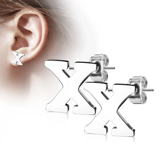 Náušnice z chirurgické oceli - velké tiskací písmenko X, stříbrná barva