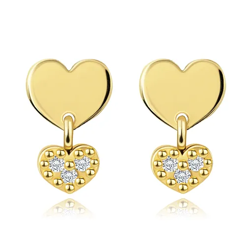 Náušnice ze 14K zlata se dvěma srdíčky a čirými diamanty