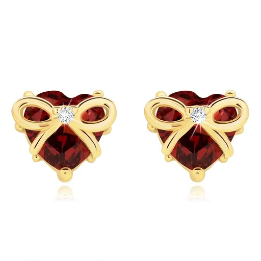Náušnice ze žlutého 14K zlata s granátovým srdcem a mašlí