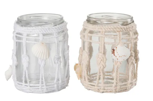 2ks skleněný svícen na čajovou svíčku s ozdobnými provázky a mušlemi - Ø 7,5*9,5 cm J-Line by Jolipa