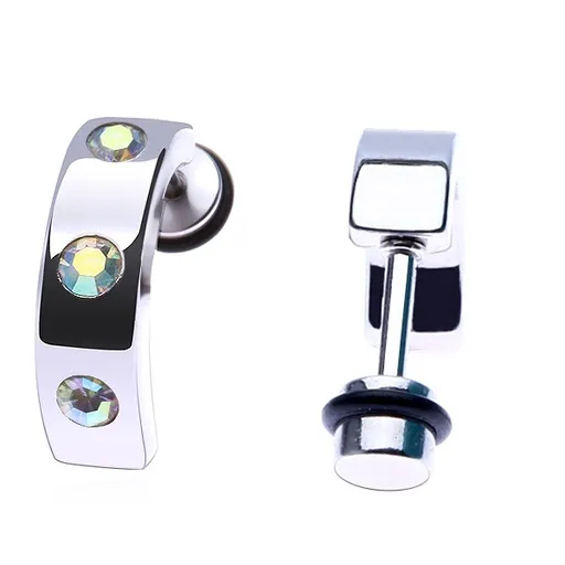 Ocelový fake plug - lesklý hranatý pás, tři duhové kamínky