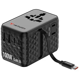 Verbatim 30191, Cestovní adaptér univerzální Charge ,n, Travel 2x USB-C, 2X USB-A + 1x integrovaný kabel USB-C, černá, 100 W