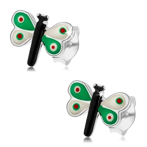 Stříbrné náušnice 925, motýlek s barevnou glazurou, zelenobílá křídla