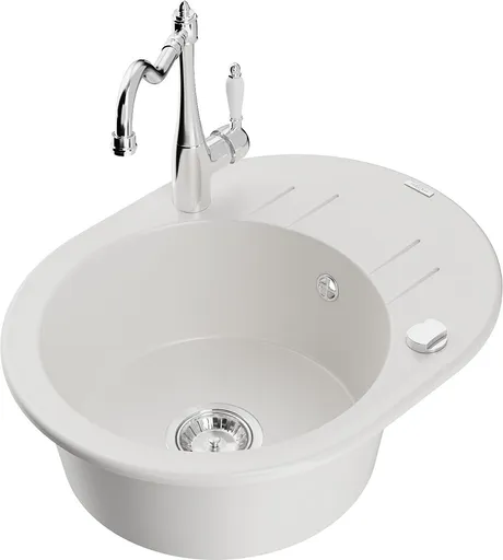 MEXEN/S Kevin granitový dřez 1-miska s odkapávačem včetně baterie Carla, bílá 6517-20-670700-00