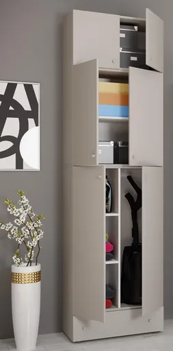 VCM Úklidová skříňka Lona XXL s otočnými dveřmi s nástavcem a zásuvkou, šedá