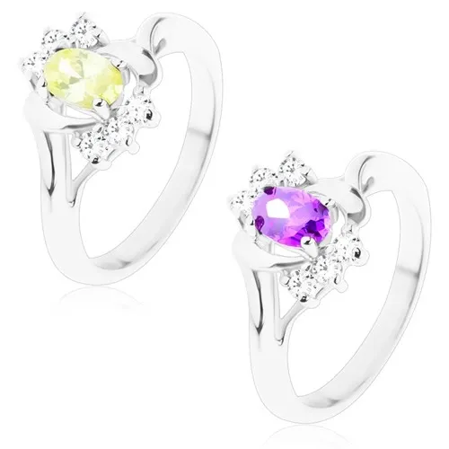 Prsten se zahnutými rameny, broušený ovál, zirkonové a lesklé obloučky - Velikost: 51, Barva: Fialová