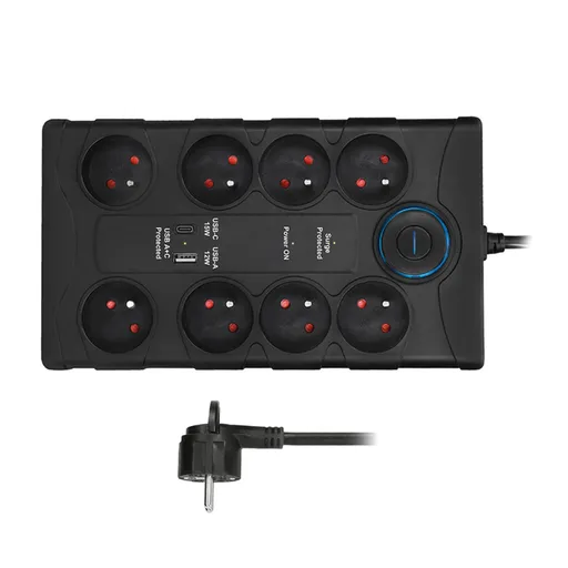 Solight přepěťová ochrana, 8z, USB A+CA, 2m, černá PO80B