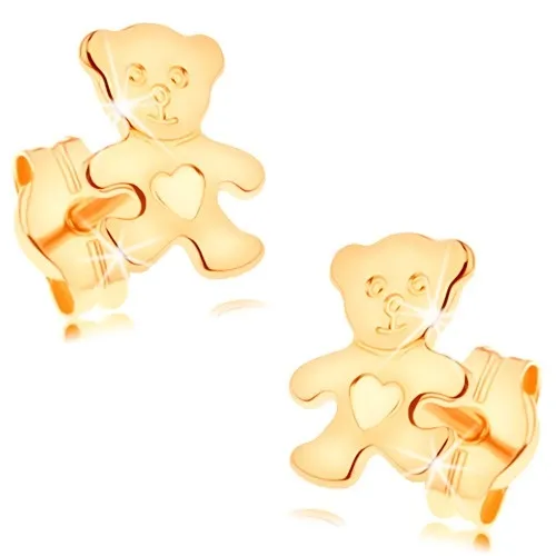 Náušnice ze žlutého 14K zlata - blýskavý plochý medvídek se srdíčkem na bříšku