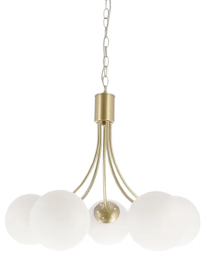 Mosazná závěsná lampa Dani 5x40W E14, bílé stínidlo, elegantní stropní svítidlo do obývacího pokoje, klasický i moderní styl, pět světelných bodů