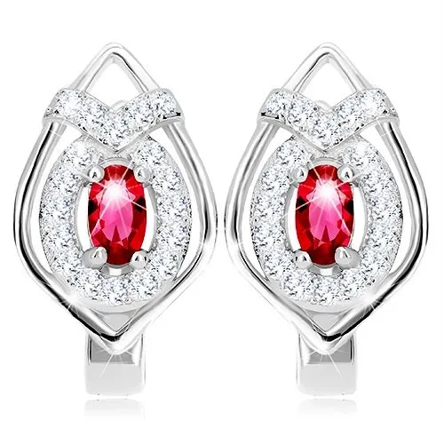 Stříbrné 925 náušnice, obrys špičaté kapky, červený zirkon - ovál
