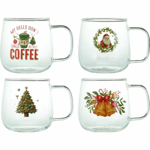Sada 4 vánočních skleněných hrnků s potiskem 400 ml