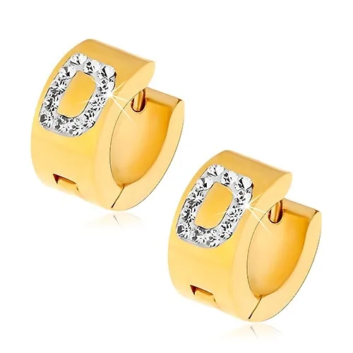 Kruhové náušnice z oceli 316L zlaté barvy, písmeno D s čirými zirkony