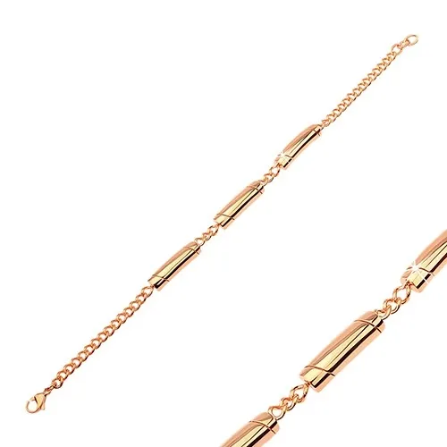 Ocelový náramek v měděném odstínu, tři válečky se šikmými rýhami