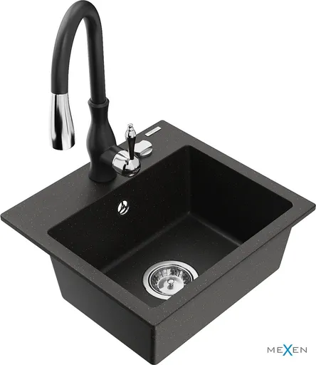 MEXEN/S Milo granitový dřez 1-miska včetně baterie Savita, černá/zlatá metalik 6505-75-672601-70