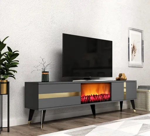 TV stolek Vania Fireplace - Anthracite, Gold