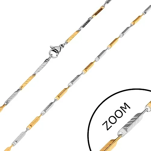 Dvoubarevný řetízek z chirurgické oceli, úzké zkosené hranoly se zářezy, 2 mm