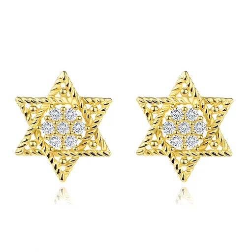 Zlaté náušnice 14K šesticípá hvězda s kubickou zirkonovou květinou