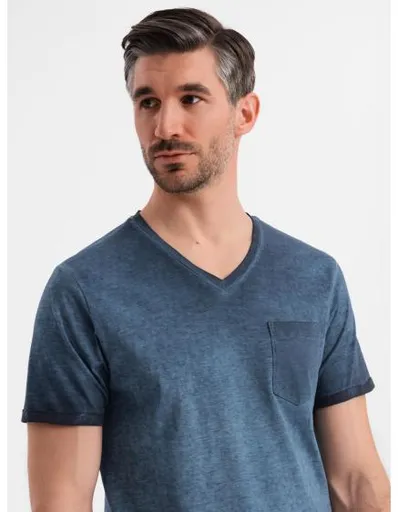 Pánské bavlněné tričko s výstřihem do V a efektem praní - tmavě modré V7 OM-TSWT-0242