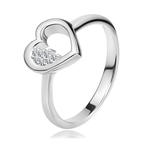 Stříbrný prsten 925 - obrys srdce s čirým kulatým zirkonem - Velikost: 54