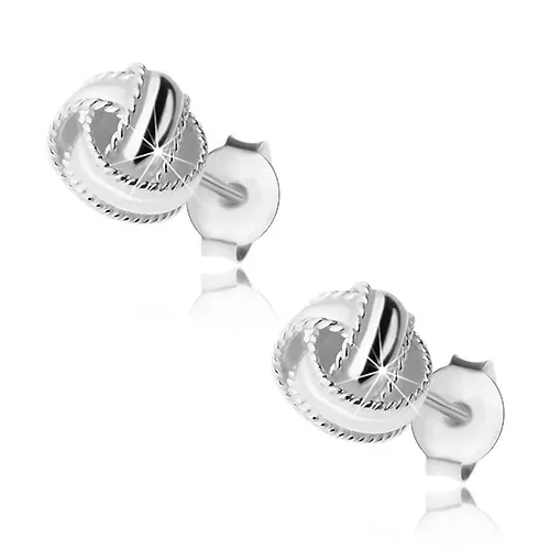 Stříbrné náušnice 925, lesklý uzel s vroubkovanými okraji, puzetky