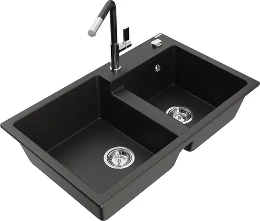 MEXEN/S Tomas granitový dřez 2-bowl včetně baterie Flora, černá/zlatá metalik 6516-75-670401-07