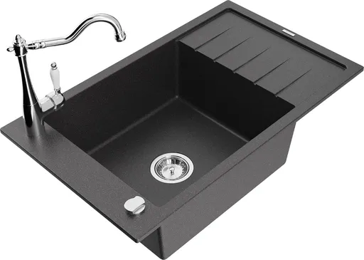 MEXEN/S Elias granitový dřez 1-miska s odkapávačem včetně baterie Carla, černá kropenatá 6511-76-670700-00