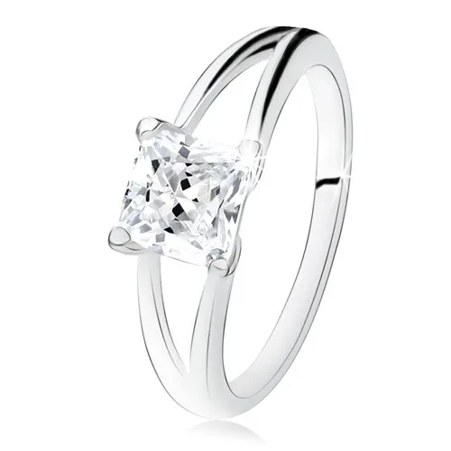 Prsten ze stříbra 925, rozdvojená ramena, čtvercový čirý zirkon - Velikost: 57