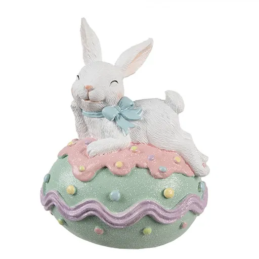 Dekorace králík s mašlí na zeleném vajíčku - 11*9*15 cm Clayre & Eef