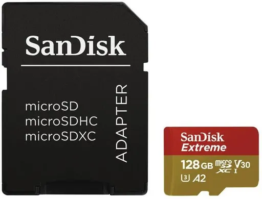 SanDisk micro SDXC karta 128GB Extreme Action Cams and Drones (190 MB/s Class 10, UHS-I U3 V30) + adaptér